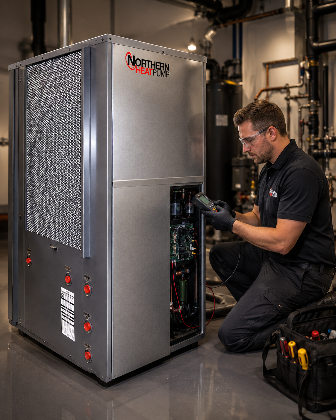 Technician measuring geothermal loop temperatures and pressure drop at service ports